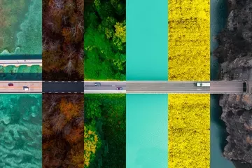 Cars on a road with striped background