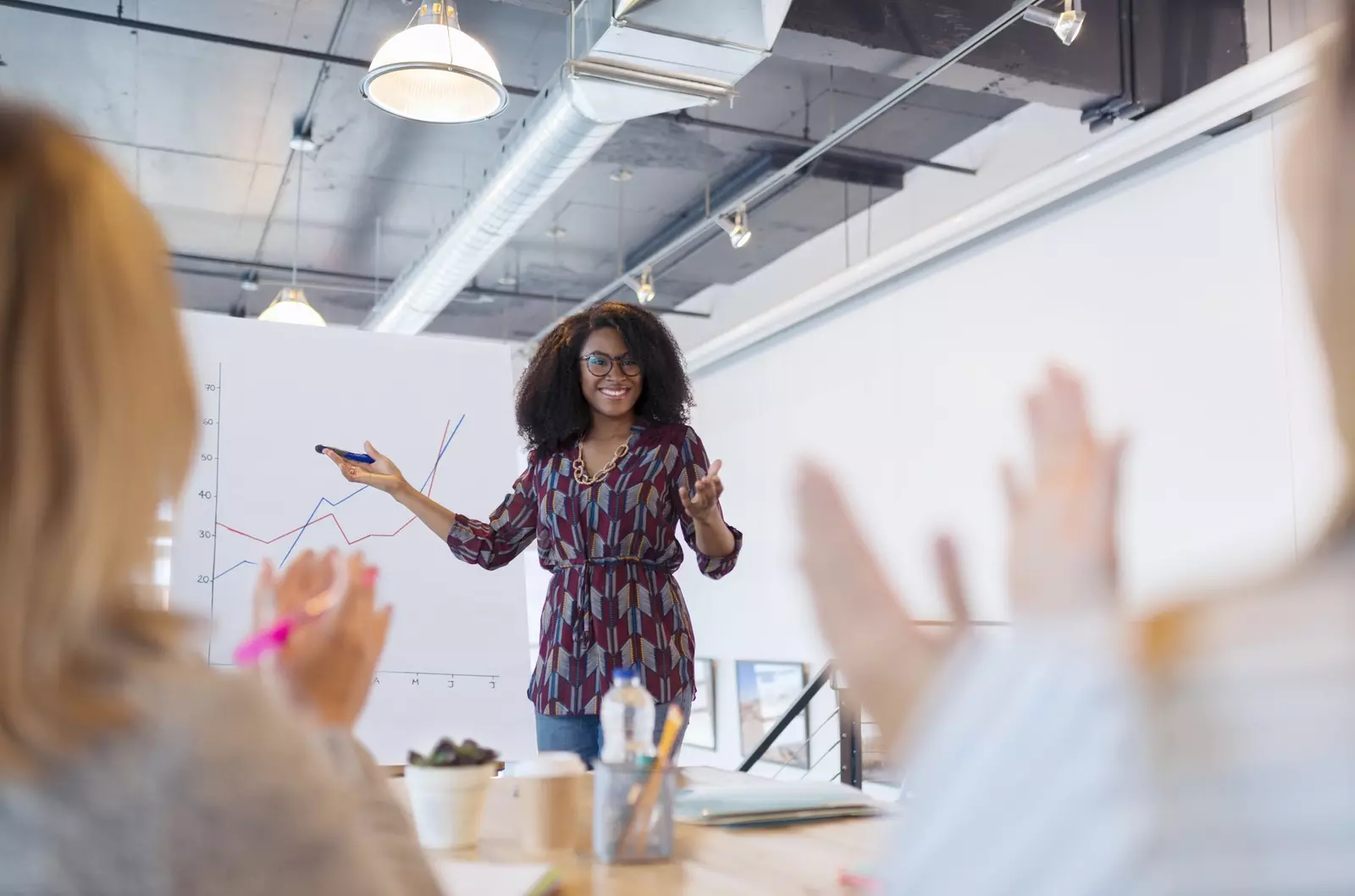 Executive presenting data and leading with empathy during company meeting