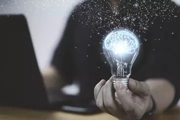 A person is sitting in front of a laptop computer. They are holding an illuminated lightbulb that symbolizes ideas and connection. 