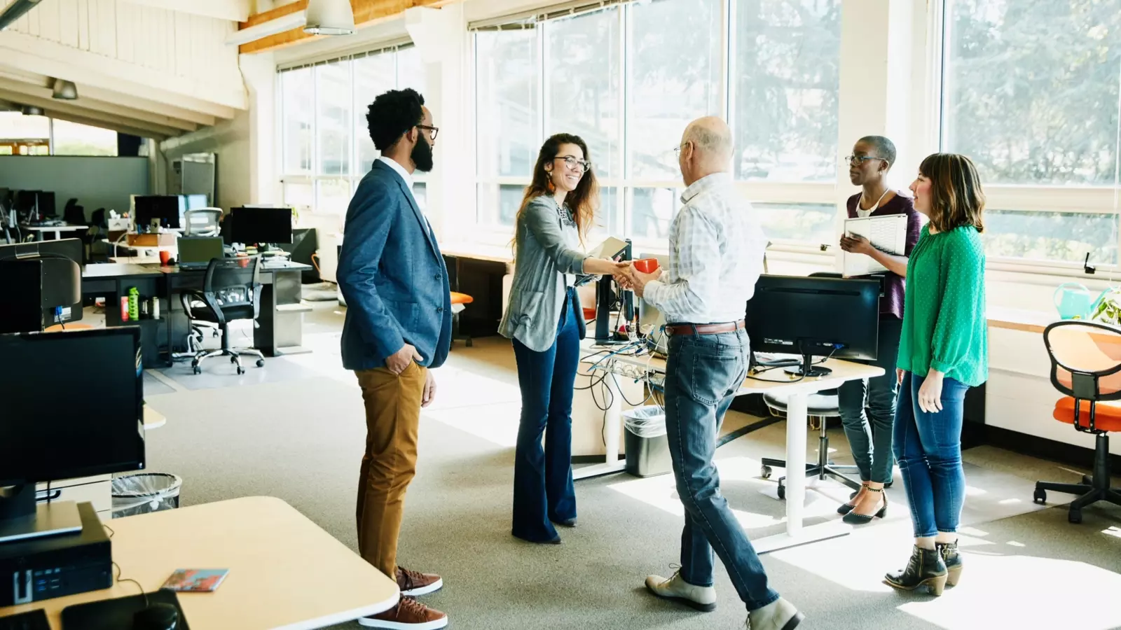 A group of people meeting in an office together